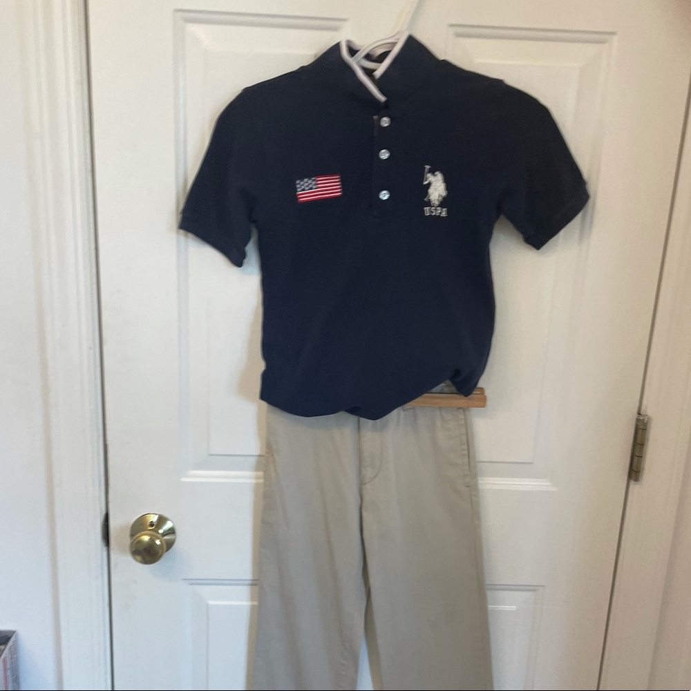 Navy polo shirt, never worn 8 beige place pants